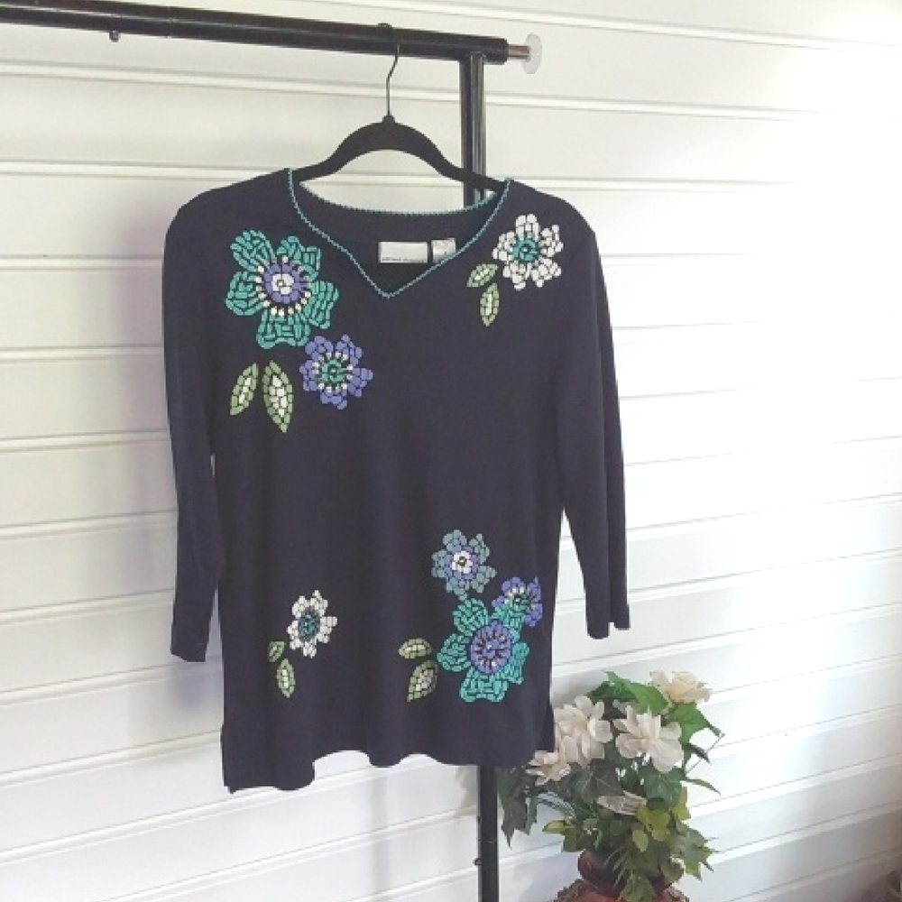 Alfred Dunner Dark Blue  Sweater with Teal Trim Size Small